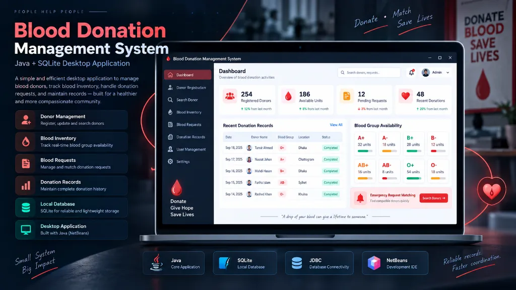 Blood Donation Management System - Java desktop application for managing blood donor records, blood bank information, and request tracking with SQLite storage.