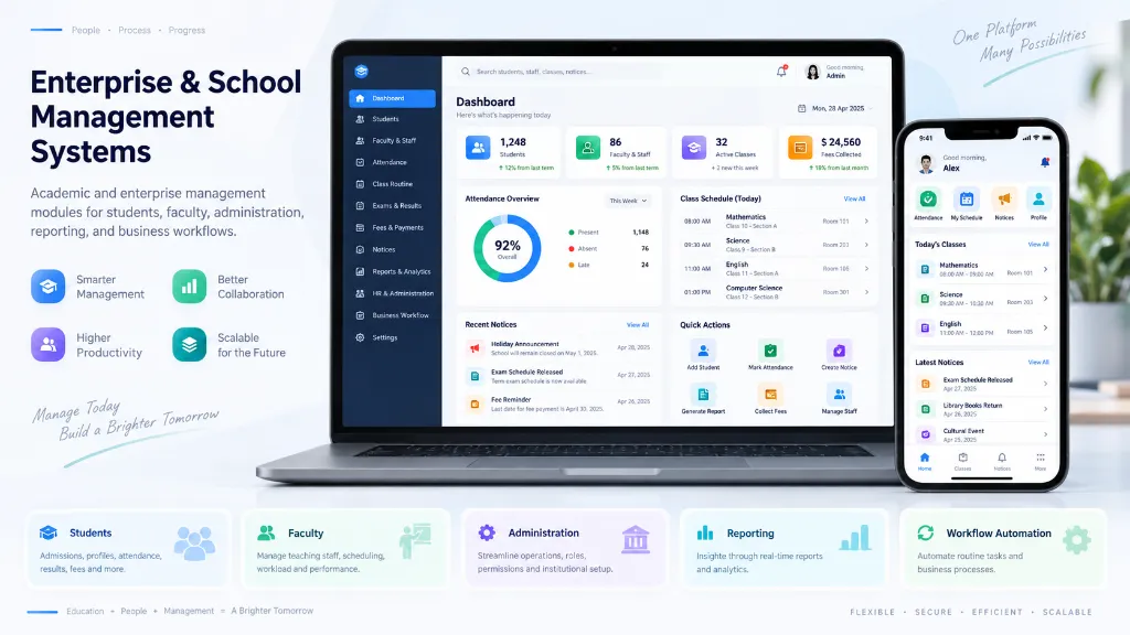 Enterprise & School Management Systems - Academic and enterprise management modules covering student, faculty, administrative, reporting, and business workflow features.