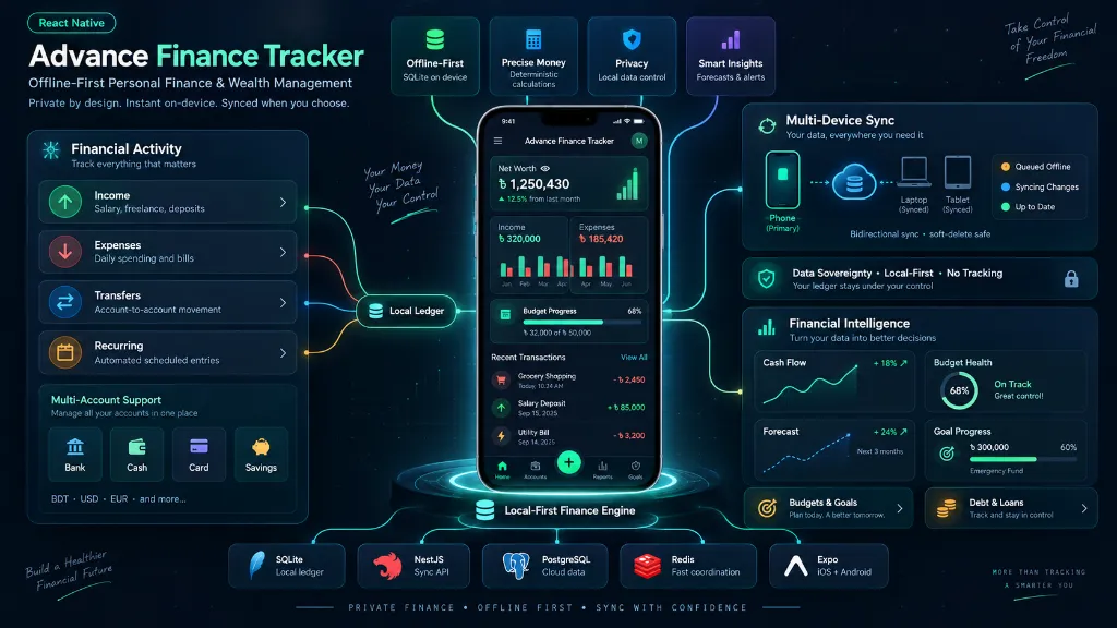 Advanced Finance Tracker - Production-grade offline-first finance platform with Expo React Native, local SQLite storage, typed money utilities, budgeting, transactions, accounts, goals, recurring flows, analytics, AI insight planning, and a NestJS API foundation.