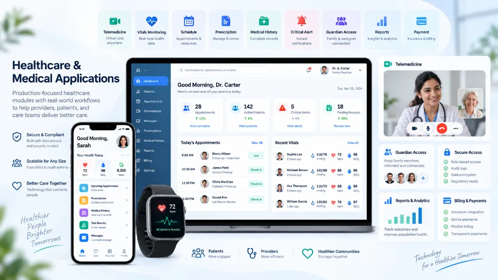 Healthcare & Medical Applications - Production-focused healthcare and medical application modules including multi-role workflows, dashboards, secure access, reporting, and payment-related integrations.