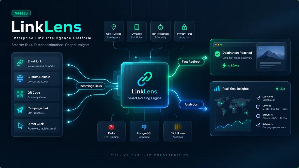 LinkLens — Enterprise Link Intelligence Platform - Enterprise-grade smart link and redirect intelligence platform with sub-5ms Redis hot-path routing, ClickHouse forensic analytics, QR generation, RBAC workspaces, webhooks, and self-hosted zero-cost geo/device intelligence.
