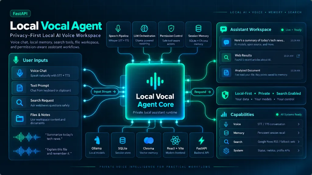 Local Vocal Agent - Privacy-first local AI voice workspace with FastAPI, React/Vite, Ollama, SQLite and Chroma memory, Faster Whisper STT, TTS, streaming chat, search tools, file workspace, and permission-aware assistant workflows.