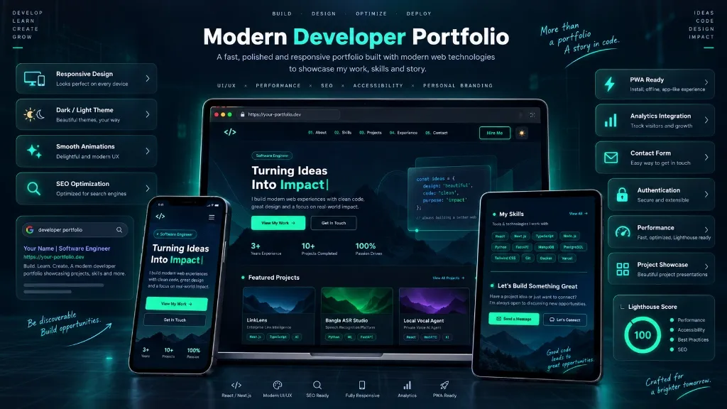 React Portfolio - Personal portfolio built with React/Next.js, responsive UI, SEO metadata, server-rendered sections, and admin-managed content.